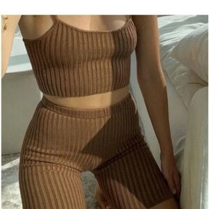 437 Brown Ribbed Knit Crop Top and Shorts Set